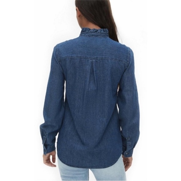 GAP Denim Ruffle Trim Popover Shirt Cottagecore Prairie Dark Indigo Blue XSP - Picture 2 of 12